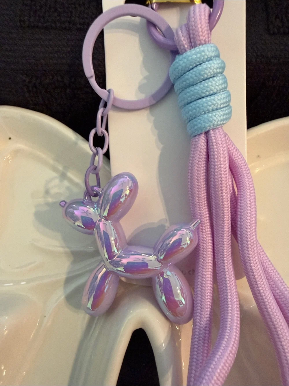 Mint Pastel Balloon Dog Keychain with Lavender Tassel & Light Blue Wrap